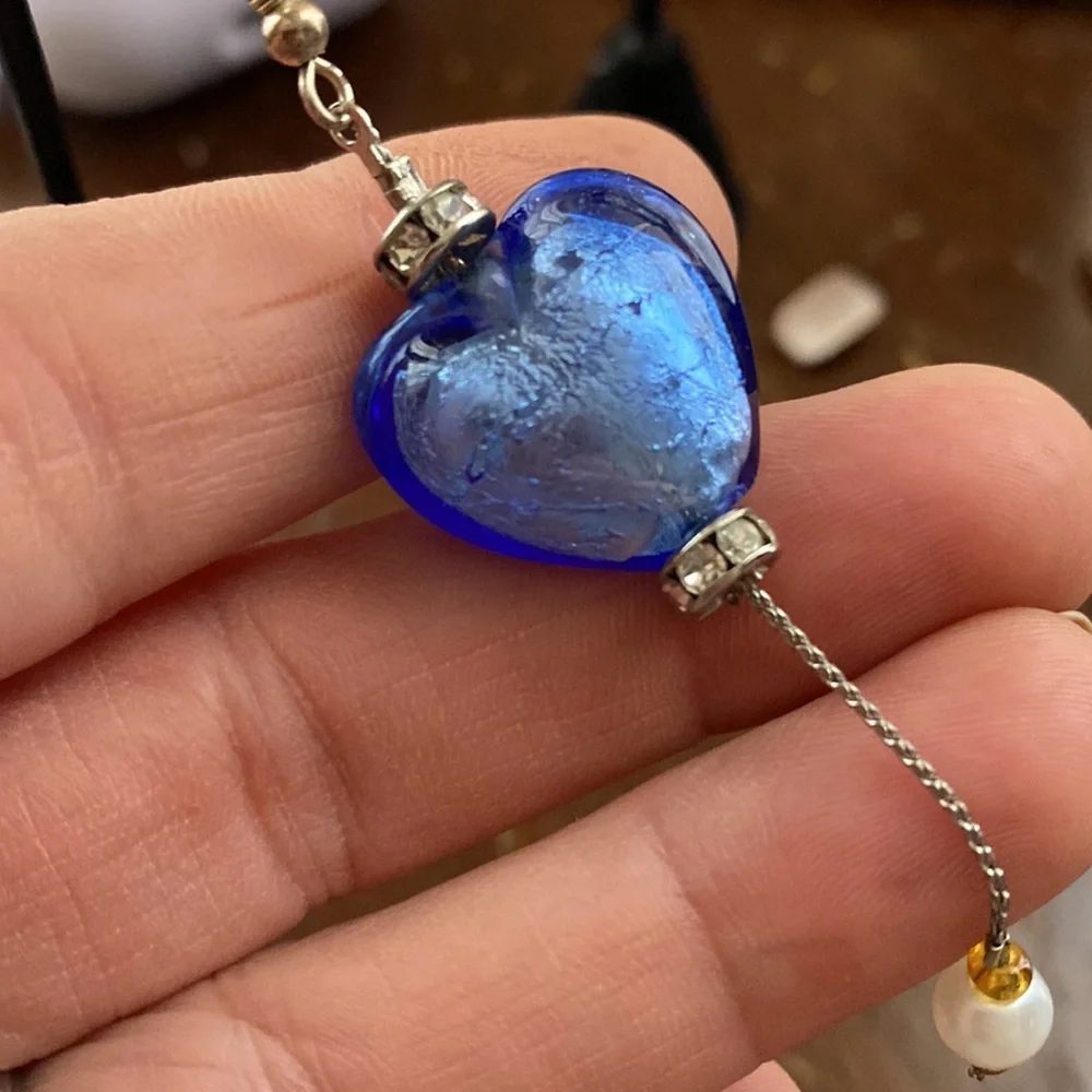 Blue Glass Handblown Italian Murano Glass Heart Earrings - Picture 4 of 6